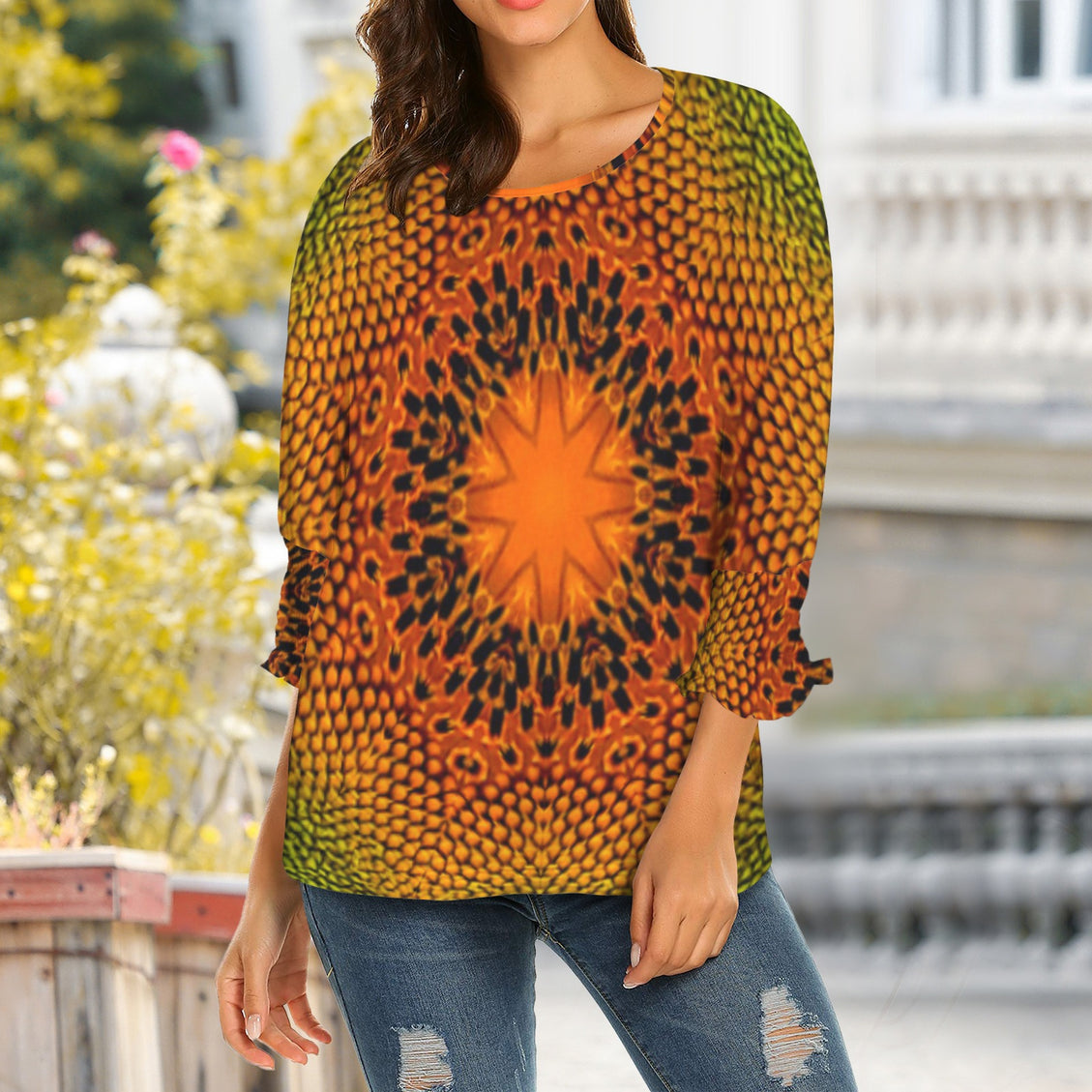 Crew Neck Pleated Sleeve T-Shirt Sunflower Medallion