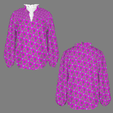 V Neck Pleated Long Sleeve Fuchsia Floral