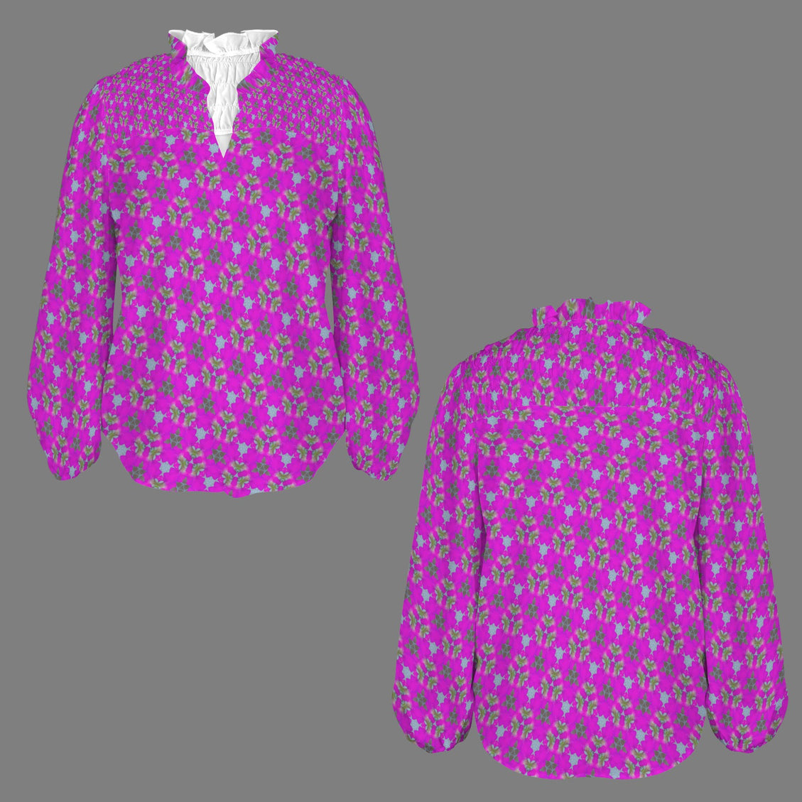 V Neck Pleated Long Sleeve Fuchsia Floral