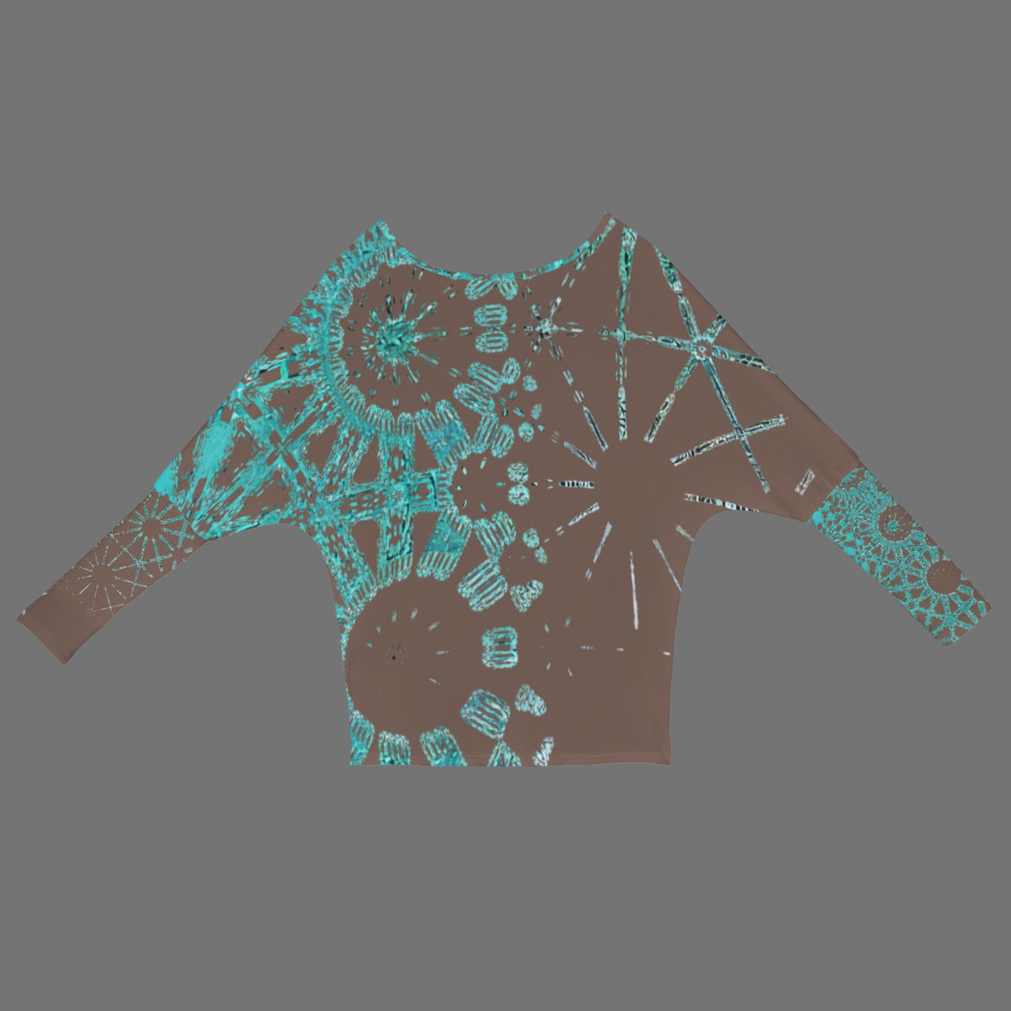 Batwing Long Sleeve Top Chocolate and Turquoise Graphic