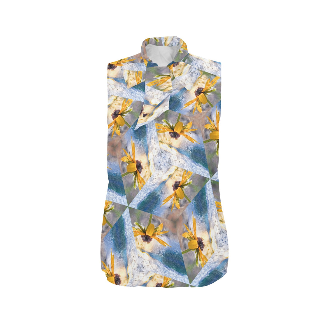 Bow Tie V Neck Sleeveless Blouse Sunflower Lakeside Sunset