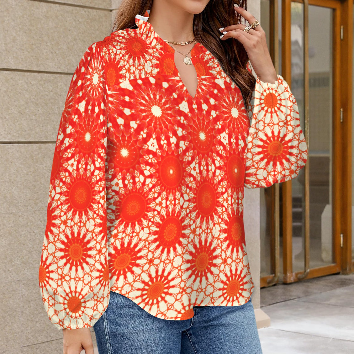 V Neck Long Sleeve Blouse Red Orange Starburst