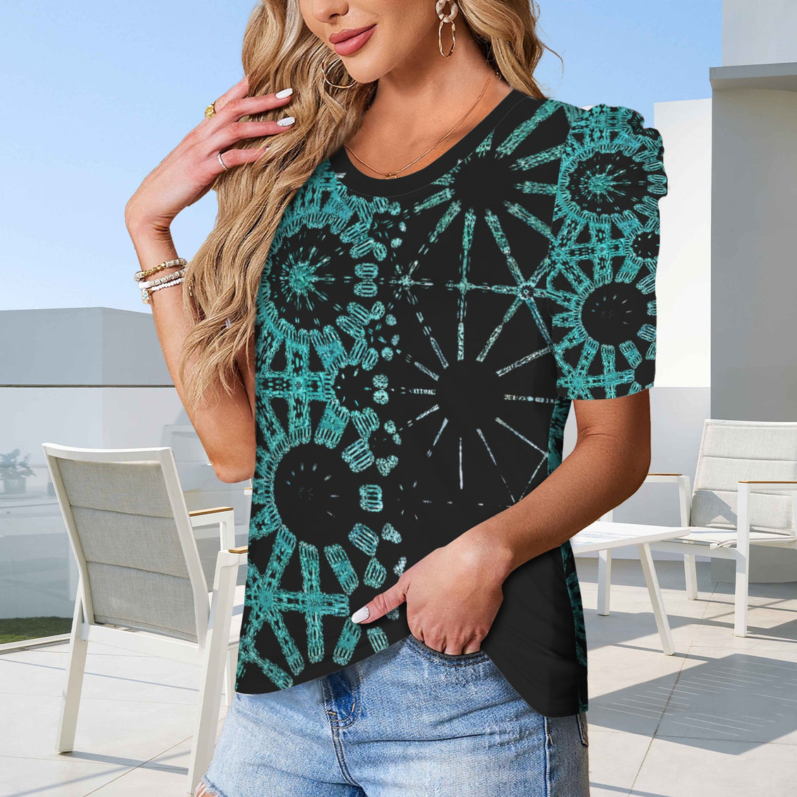 Puff Sleeve T-Shirt Turquoise Graphic