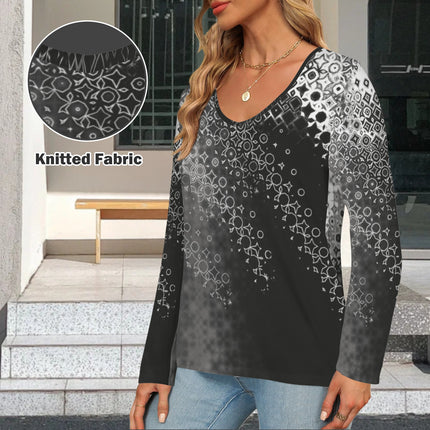 V Neck Long Sleeve Sweater Black and White Abstract