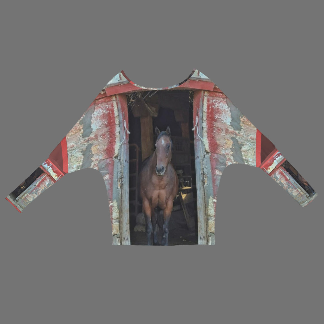 Batwing Long Sleeve Top Horse in Red Barn