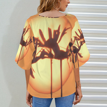 Draped Neck Blouse Asters at Sunset Tangerine