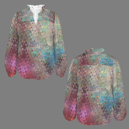 V Neck Pleated Long Sleeve Peacock Feathers Pink Ombre