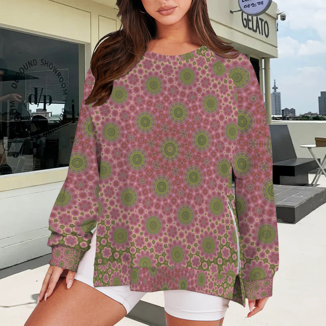 Crew Neck Long Sleeve Side Zip Sweatshirt Cactus in Bloom