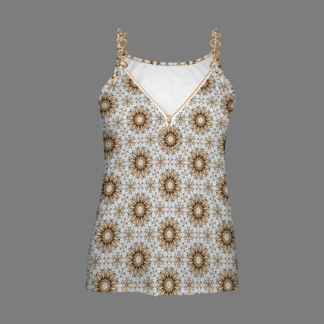 V Neck Chain Cami Shimmering Feathers Gold Taupe Gray