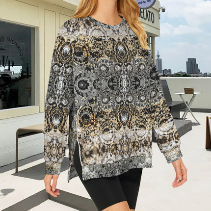 Crew Neck Long Sleeve Side Zip Sweatshirt Shimmering Feathers Taupe