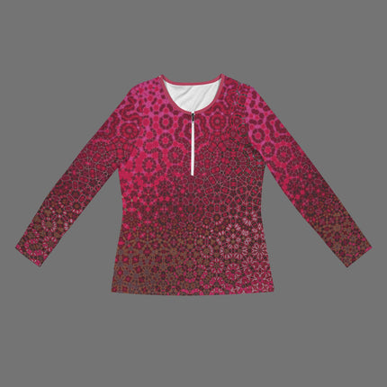 Long Sleeve Zip Front T-Shirt Red Leaves Abstract