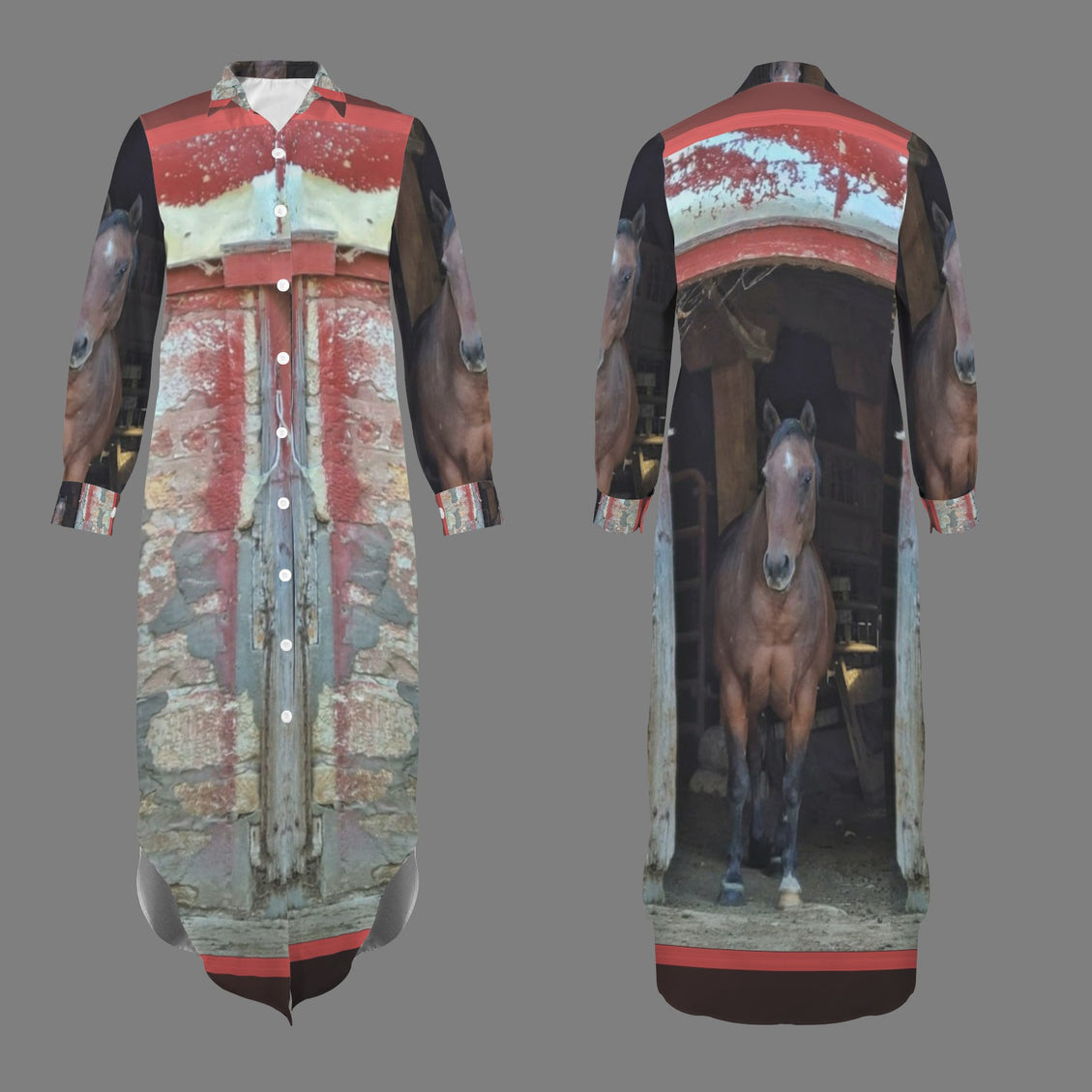 Long Sleeve Shirt Dress Horse in Red Barn