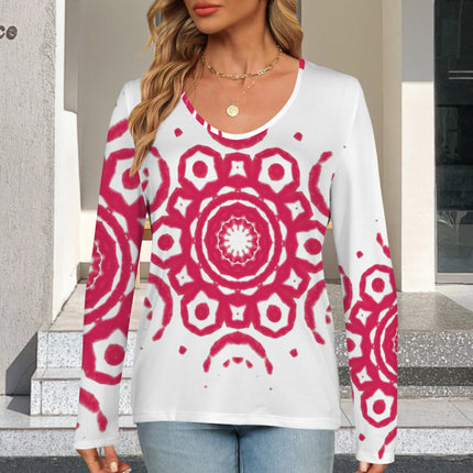 Long Sleeve V Neck Top Red Medallion