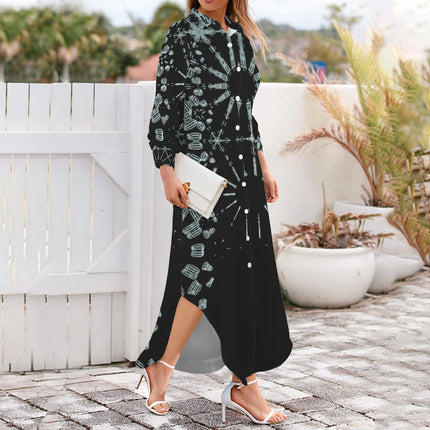 Long Sleeve Shirt Dress Turquoise and Black Graphic