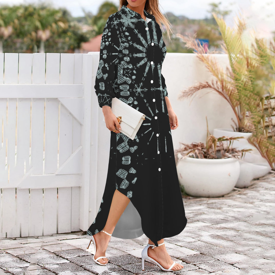 Long Sleeve Shirt Dress Turquoise and Black Graphic