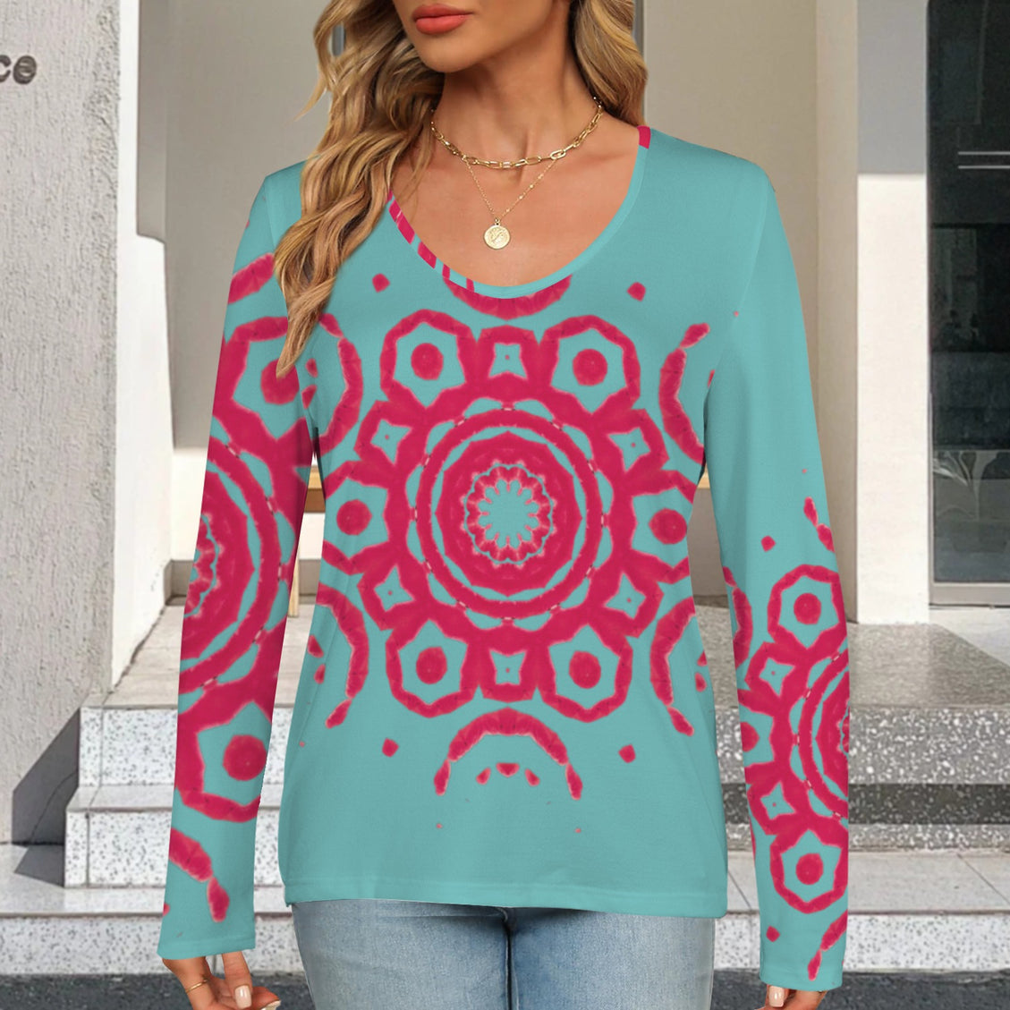 Long Sleeve V Neck Top Turquoise Red Medallion