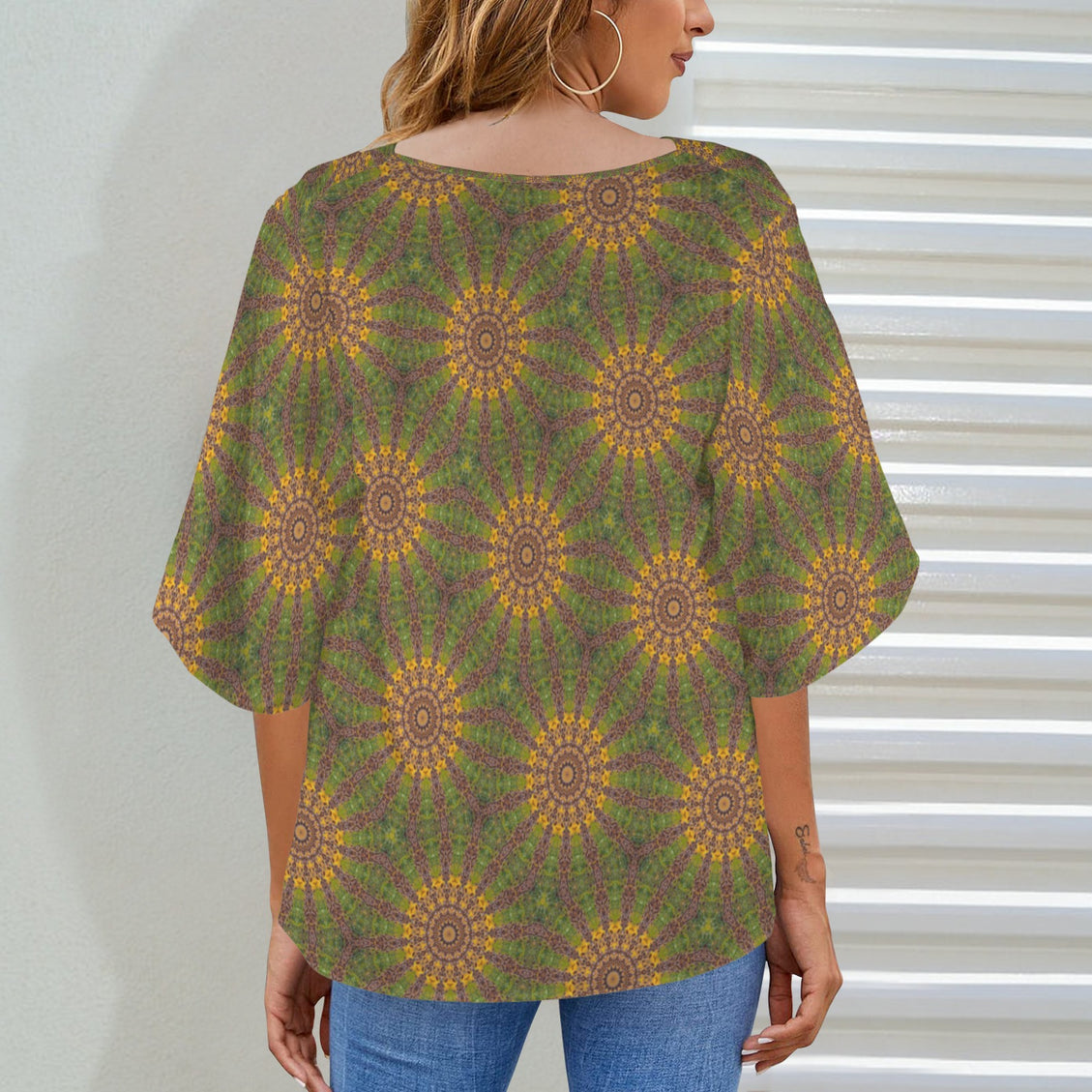 Draped Neck Blouse Gold Green Sunflower Geometric