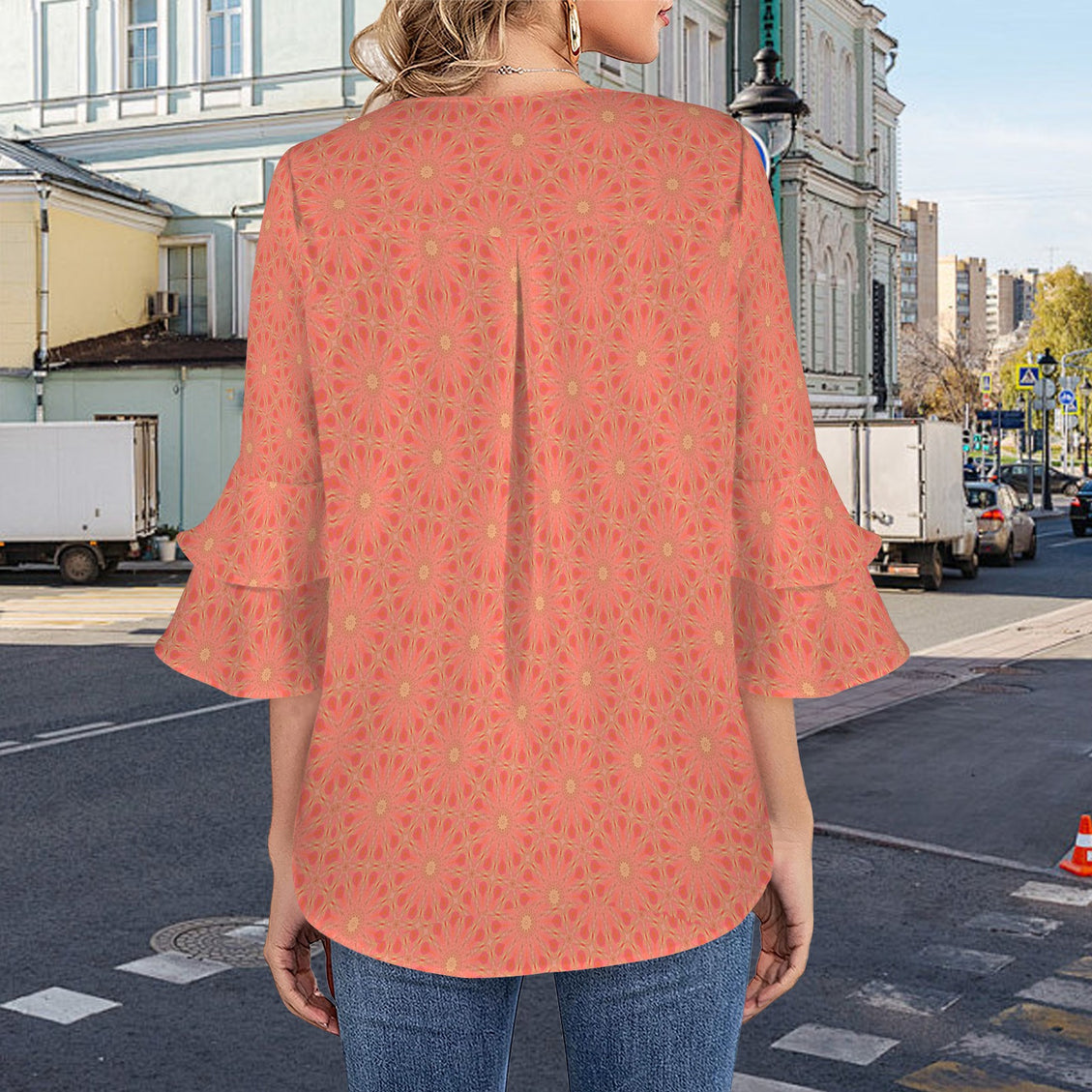 Flare Sleeve Blouse Tangerine and Yellow Wildflowers