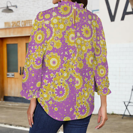 Ruffled Long Sleeve Mock Neck Blouse Purple and Gold