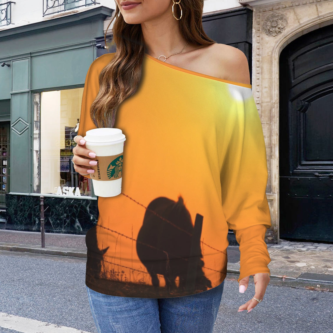 Batwing Long Sleeve Top Horses Fence Sunset