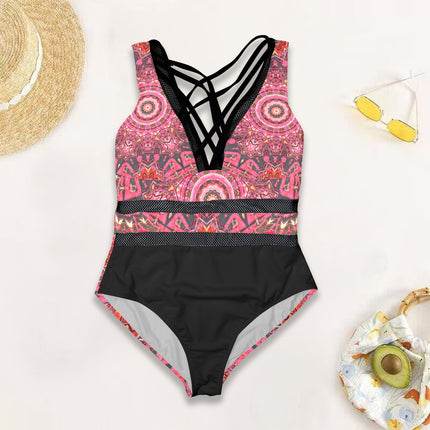 V Neck Mesh One Piece Swimsuit Carnival