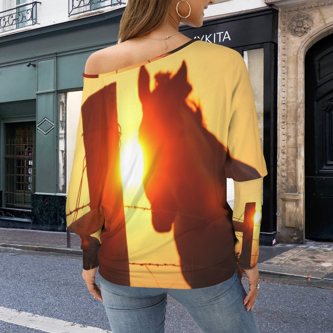 Batwing Long Sleeve Top Horse Sunset