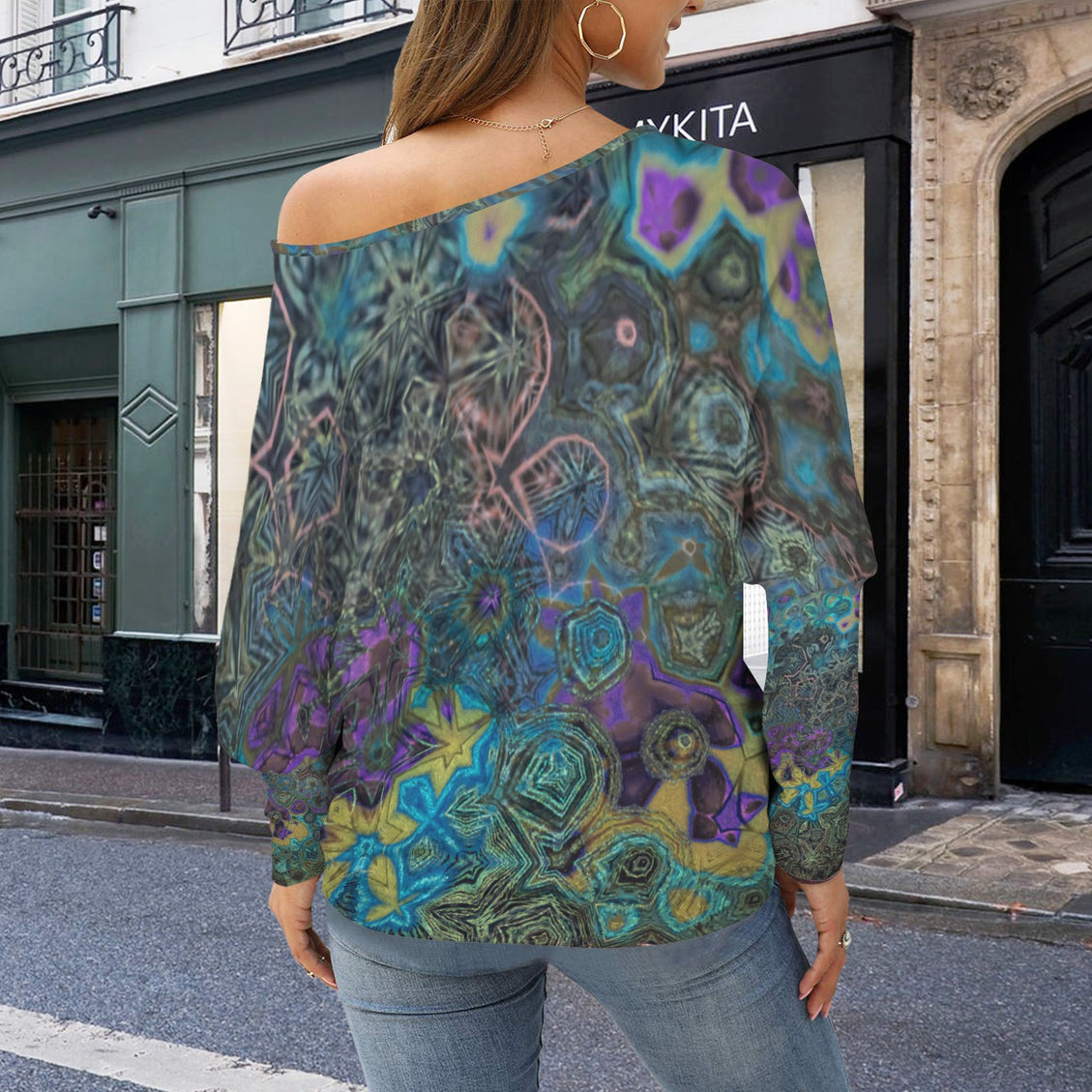 Batwing Long Sleeve Sweater Peacock Feathers Abstract