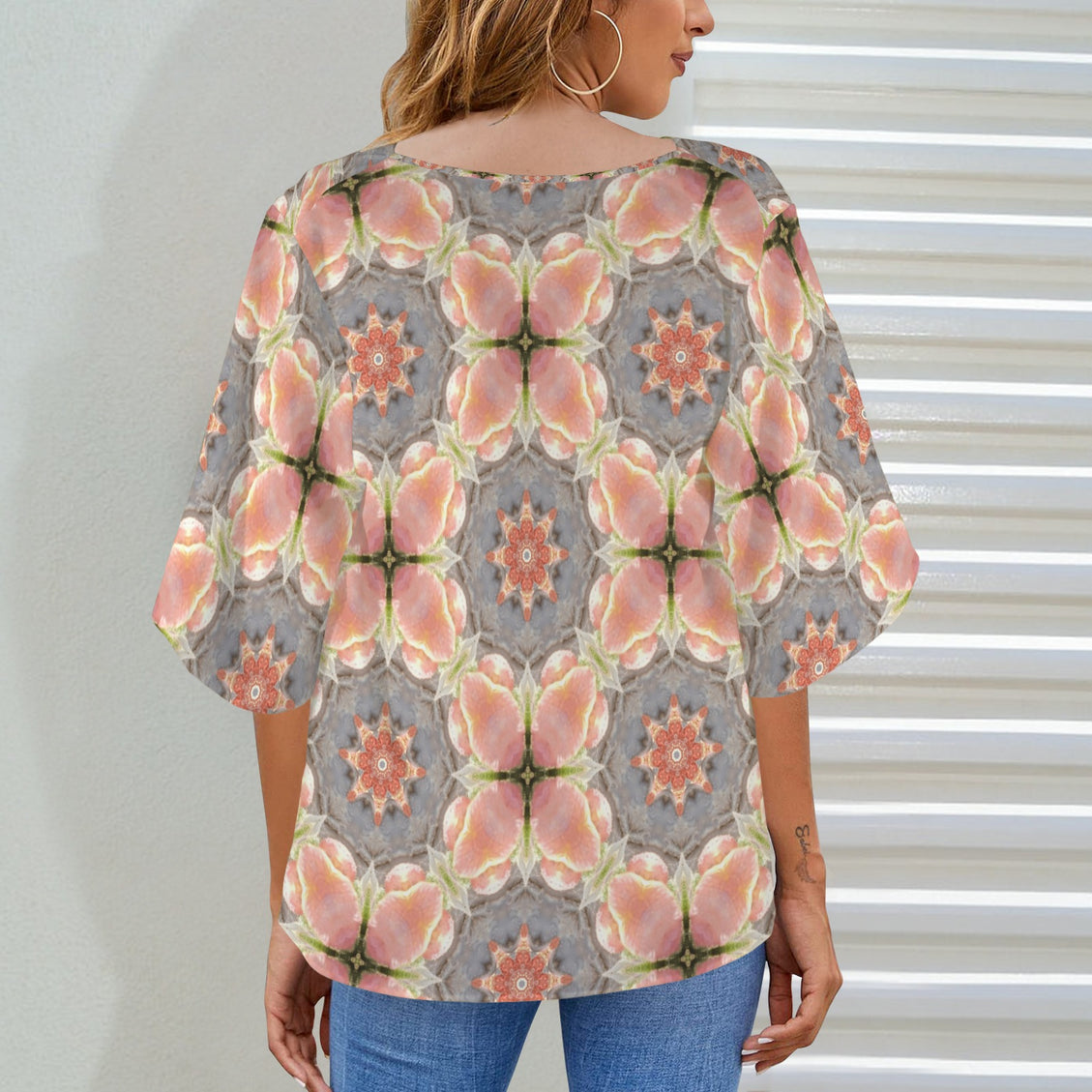 Draped Neck Blouse Orange Hollyhocks