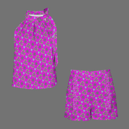 Ruched Sleeveless Tie Top and Shorts Set Fuchsia Print