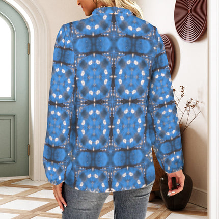 Long Sleeve V Neck Ruffle Blouse Frosty Trees Blue Tartan Plaid