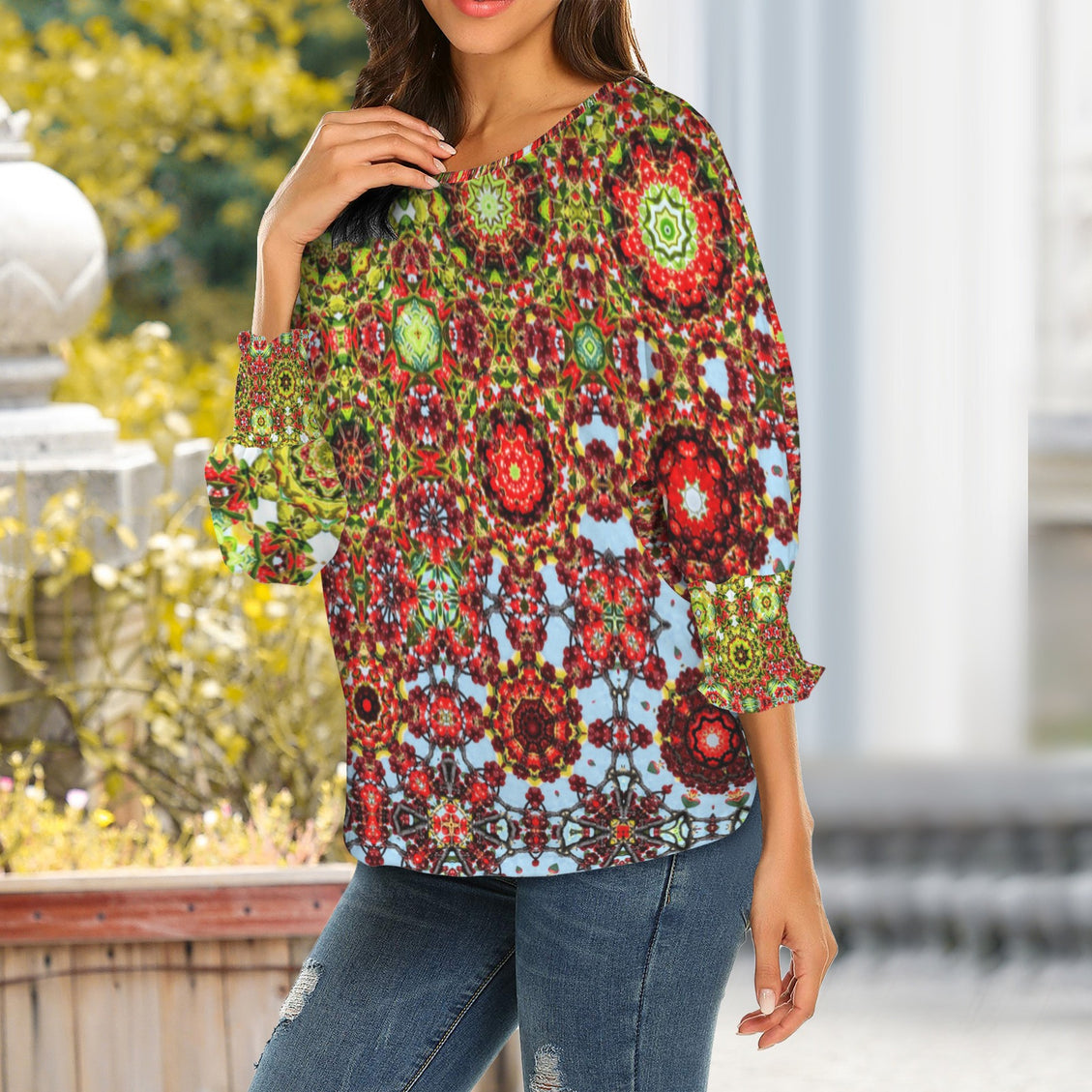 Crew Neck Pleated Sleeve T-Shirt Buffalo Berries Multi