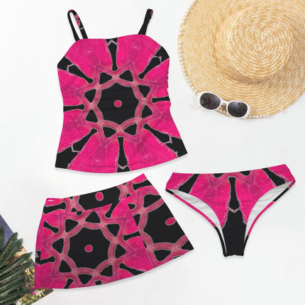 Three Piece Tankini Set Red Leaves Black