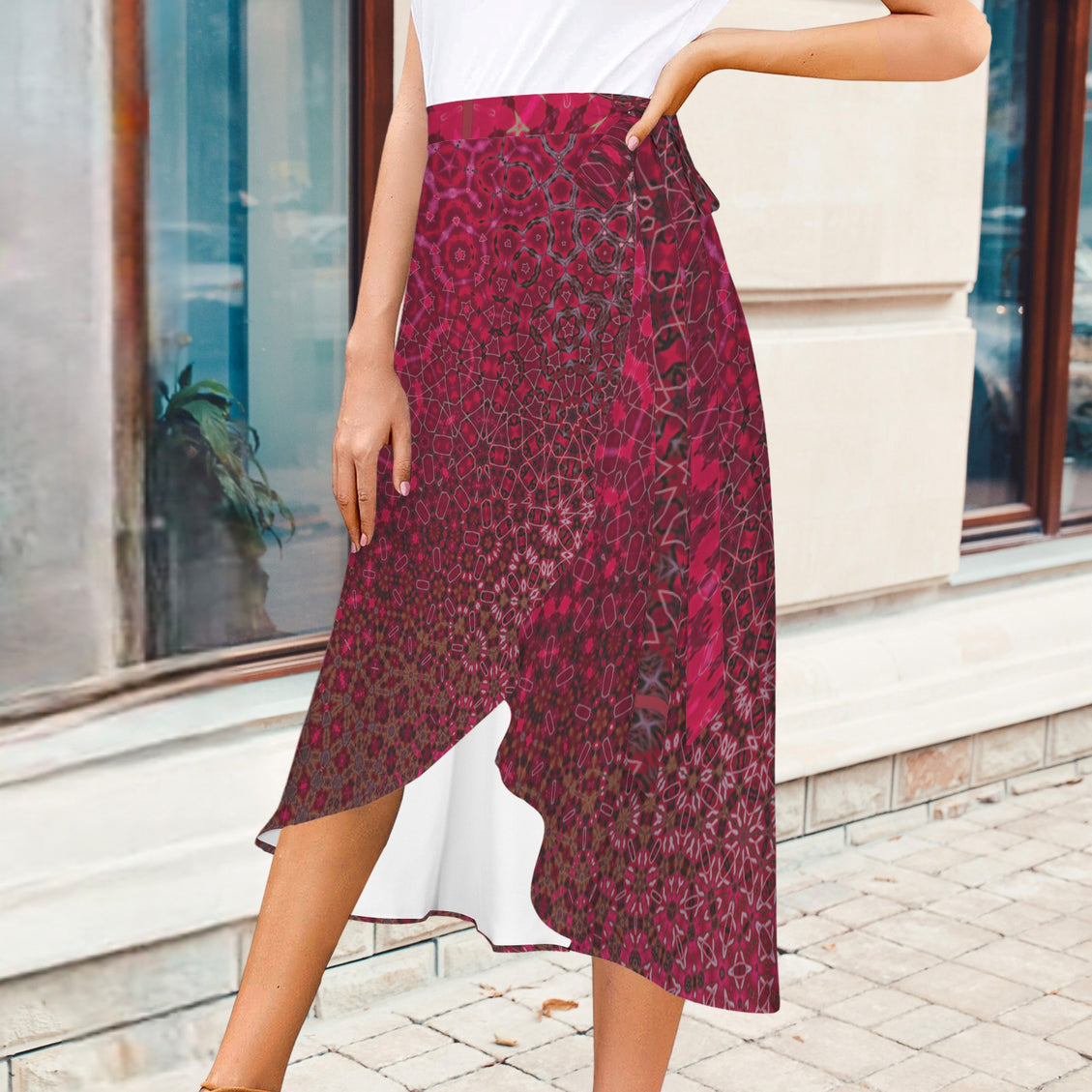 Tie Waist Wrap Skirt Red Leaves Abstract