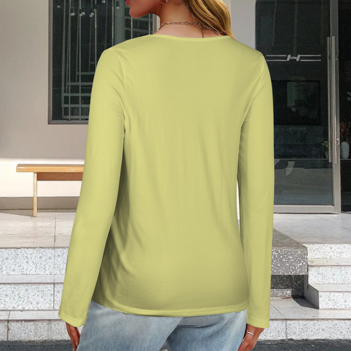 V Neck Long Sleeve Sweater Daisy Watercolor Chartreuse