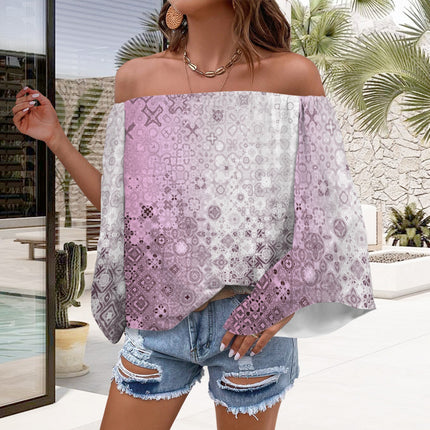 Off Shoulder Trumpet Sleeve Blouse Pink Glass Ombre