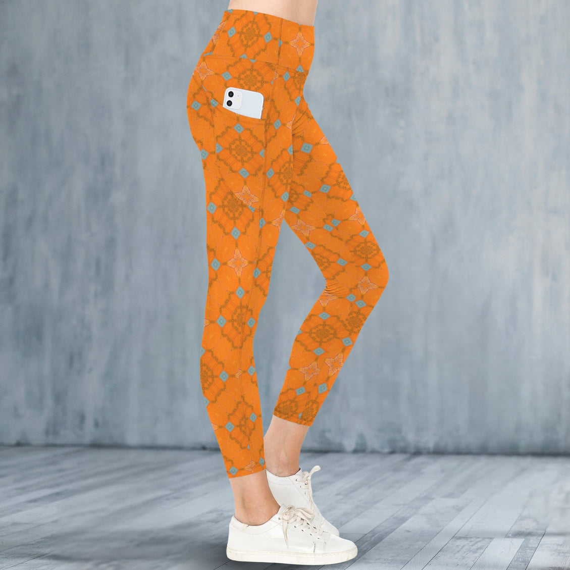 High Waist Pockets Yoga Leggings Orange and Blue Butterfly