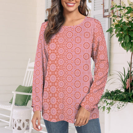 Long Sleeve Round Neck T Shirt Red Pink Geometric