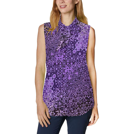 Bow Tie V Neck Sleeveless Blouse Purple and Black Abstract