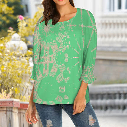 Crew Neck Pleated Half Sleeve T-Shirt Green Gold Graphic