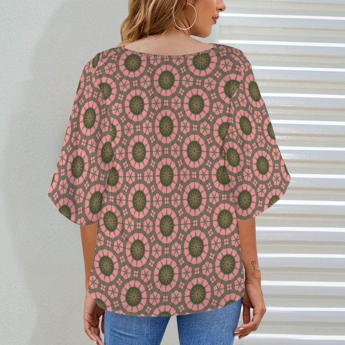 Draped Neck Blouse Carnival Tile Coral and Green