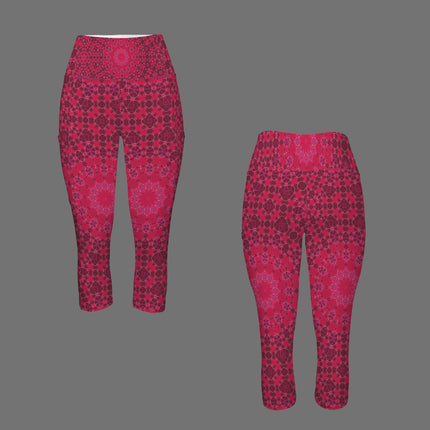 Capri Yoga Pants Red Leaves Geometric