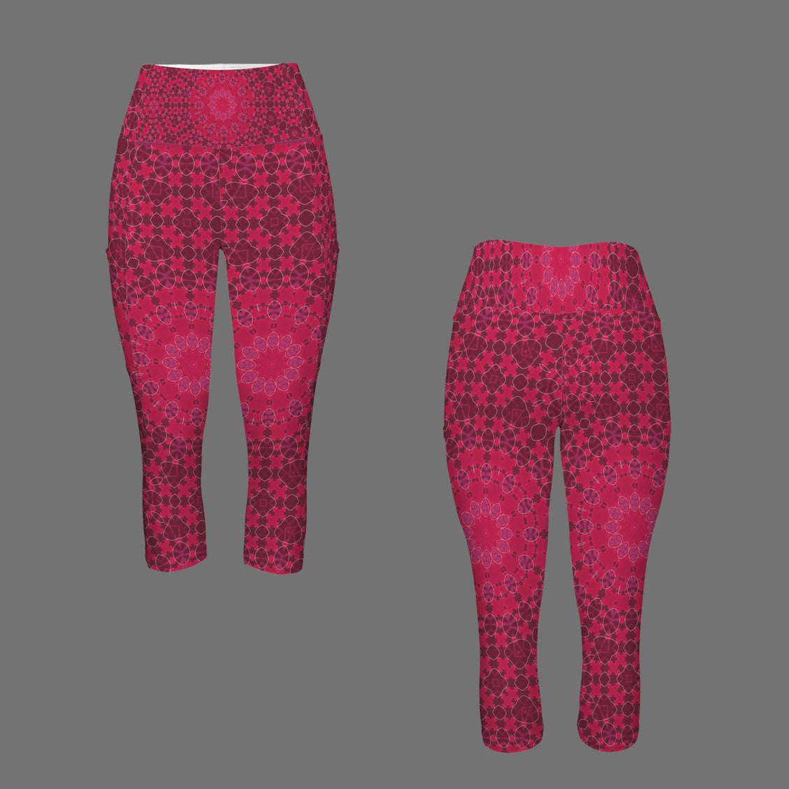 Capri Yoga Pants Red Leaves Geometric