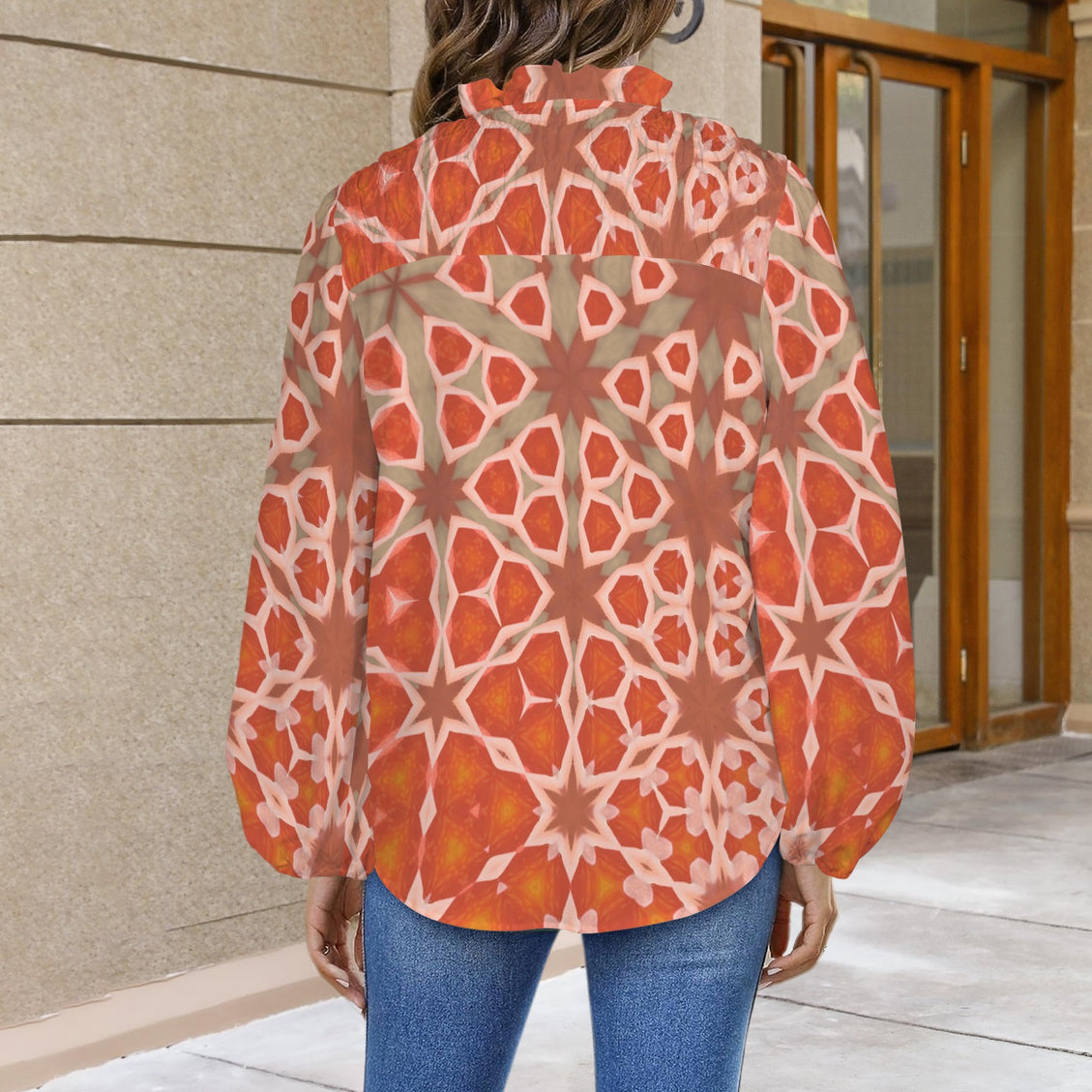 V Neck Long Sleeve Blouse Orange Hollyhock