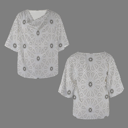 Draped Neck Blouse Carnival Tile Gray and White Geometric