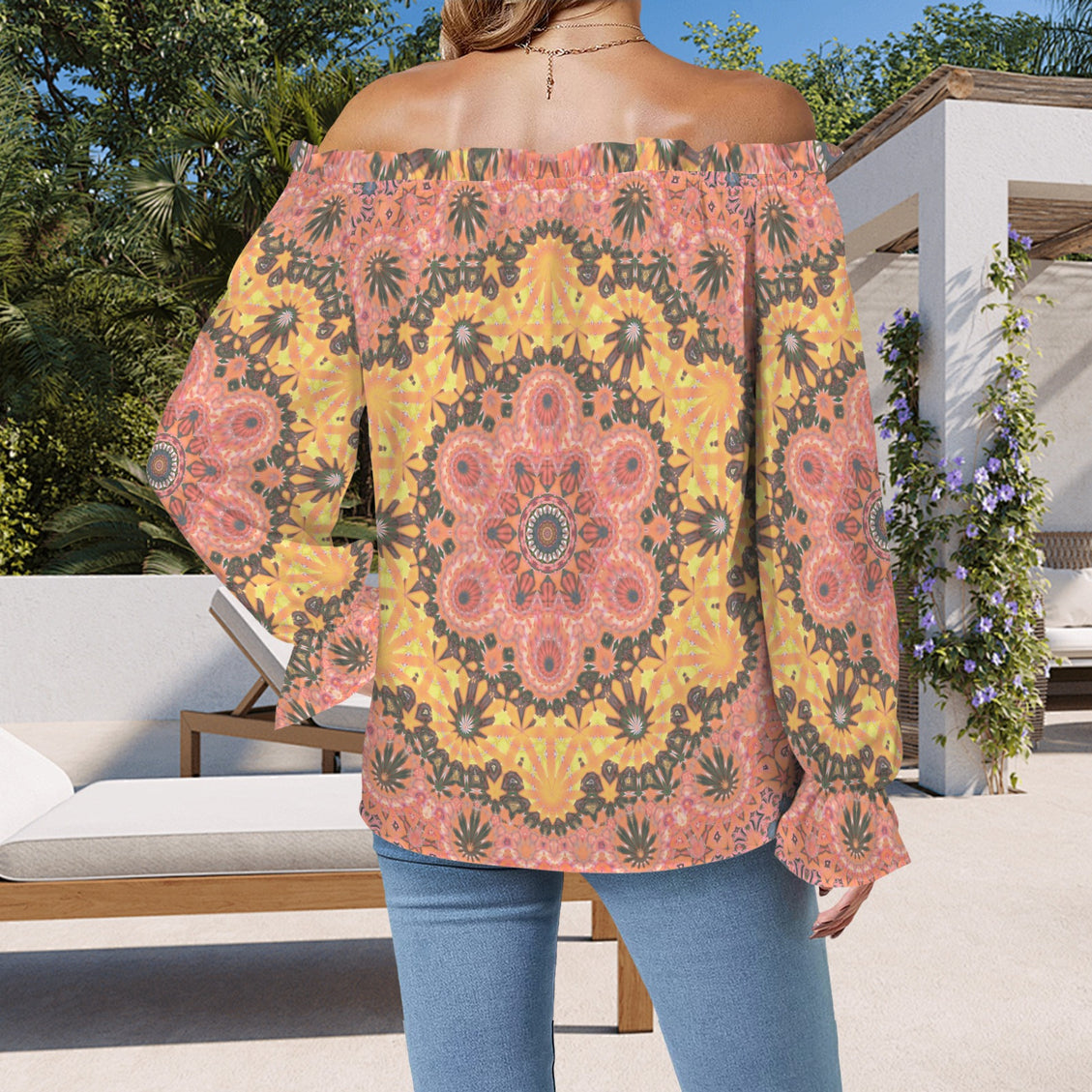 Off Shoulder Lantern Sleeve Blouse Apricot and Gold