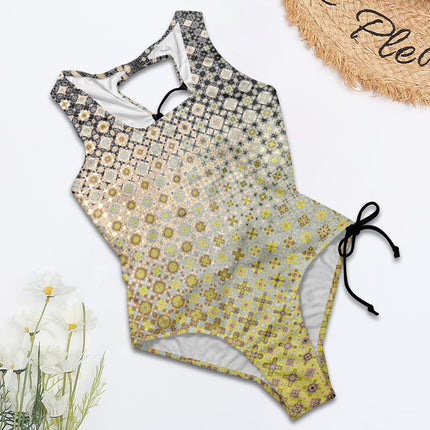 Tie Back One Piece Swimsuit Shattered Windshield Gray Gold Green Ombre