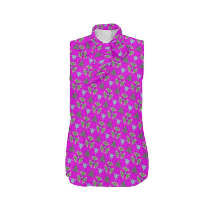 Bow Tie V Neck Sleeveless Blouse Fuchsia Floral