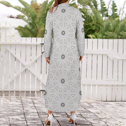 Long Sleeve Shirt Dress Carnival Tile Gray and White Geometric