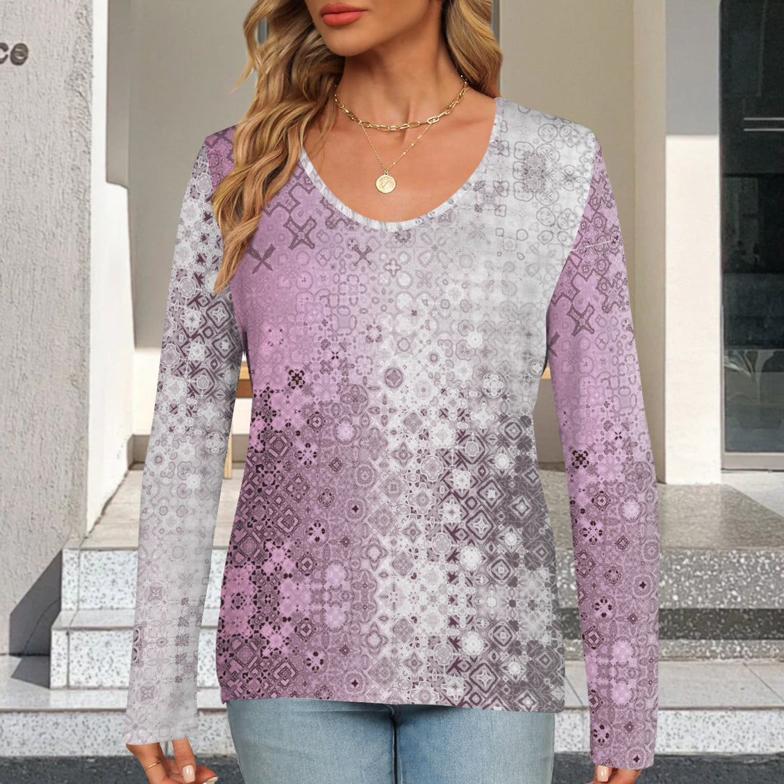 V Neck Long Sleeve Sweater Pink Glass Ombre