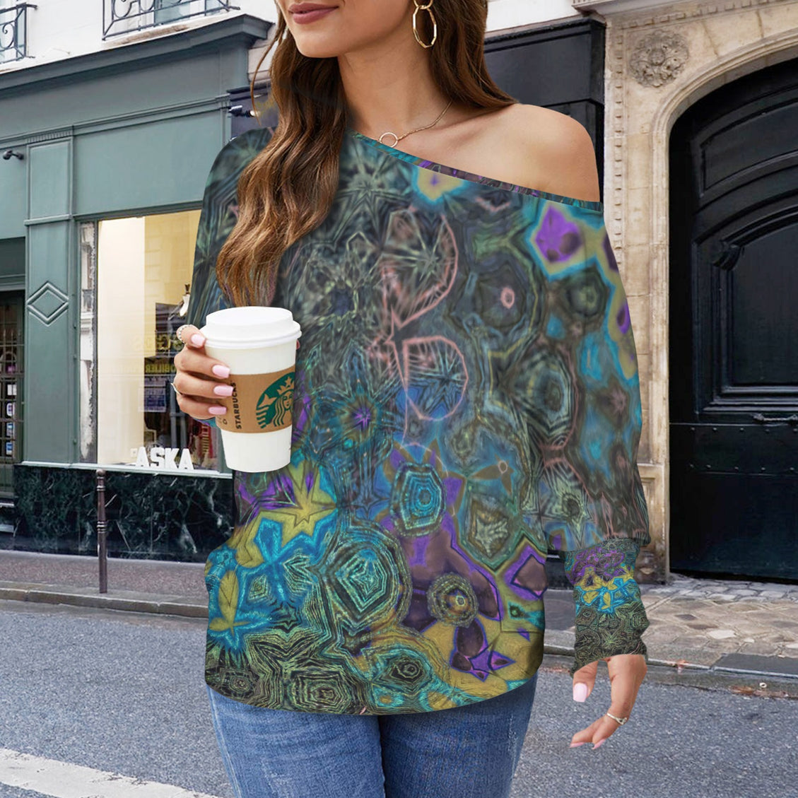 Batwing Long Sleeve Sweater Peacock Feathers Abstract